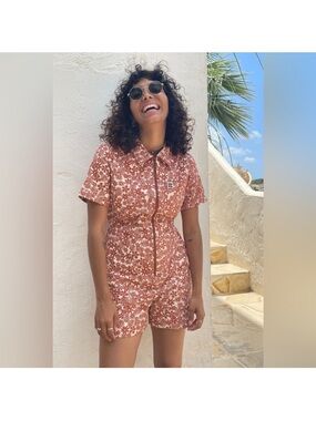 Lucy & Yak Rust Floral Short Sleeve Romper with White Print